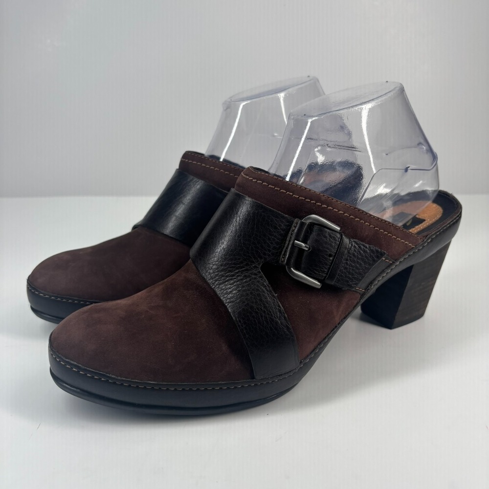 Clarks Brown and Black Leather Suede Mules with Buckle